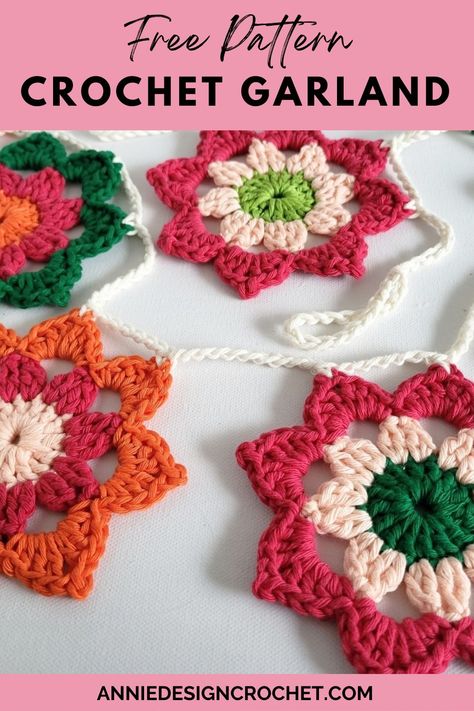 Easy Flower Crochet Garland: Free Pattern Tutorial - Annie Design Crochet Easy Flower Crochet, Crochet Flower Garland, Crochet Garland, Design Crochet, Easy Flower, Flower Crochet, Flower Garland, Pattern Tutorial, Crochet Flower