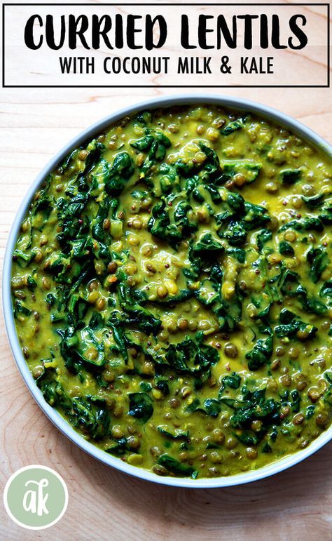 Curried Lentils with Kale and Coconut Milk — a favorite! Over the years, I have made many, many variations of curried lentils — this is my favorite. The addition of kale makes it a one-pot wonder. #lentils #curry #vegan #vegetarian #glutenfree #coconutmilk #wintercooking #kale #onepotwonder Curried Lentils, Lentil Curry Recipes, French Green Lentils, Indian Soup, Winter Cooking, Roasted Root Vegetables, Green Lentils, Lentil Curry, Lentil Recipes