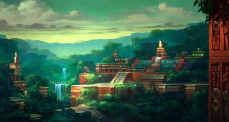 The Hidden City of El Dorado by NathanFowkesArt on DeviantArt Light Reference, Nathan Fowkes, Road To El Dorado, Laika Studios, Brown Pride, Concept Art World, Exotic Places, Dreamworks Animation, Fantasy City