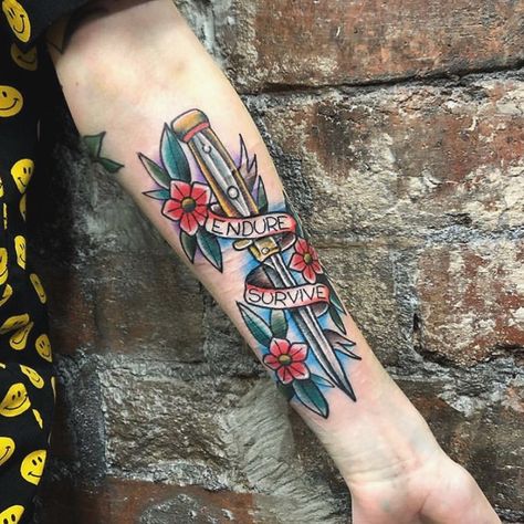 Traditional Pocket Knife Tattoo, Traditional Switchblade Tattoo, Mens Hip Tattoos, Us Tattoo Ideas, Pocket Knife Tattoo, Switchblade Tattoo, The Last Of Us Tattoo, Last Of Us Tattoo, Inside Bicep Tattoo