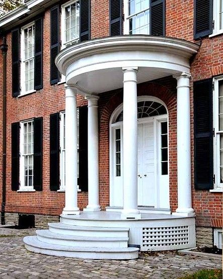 Round Portico Railing, Portico Entry Colonial, Georgian Portico, Round Portico, Colonial Portico, Curved Porch, Portico Ideas, Round Balcony, Glebe House