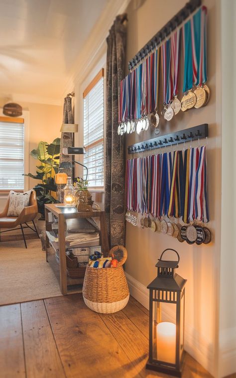 A close-up of a wall-mounted medal rack with several race medals hanging neatly. Medal And Trophy Display Ideas, Marathon Medal Display Ideas, Hanging Medals Ideas, Sports Medal Display Ideas, How To Display Medals, Trophy Display Ideas, Runner Medal Display, Medal Display Ideas, Hanging Medals