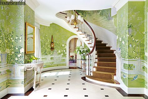 Classic Georgian by Christopher Maya in House Beautiful, photo by Thomas Loof Wainscoting Styles, Scenic Wallpaper, Hand Painted Wallpaper, Foyer Decorating, Chinoiserie Wallpaper, Georgian Homes, Design Del Prodotto, Entry Hall, Painting Wallpaper