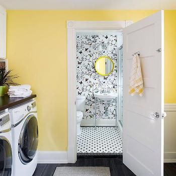 Yellow Laundry Room, Yellow Laundry, Yellow Laundry Rooms, Laundry Room Tile, Laundry Room Shelves, Modern Laundry Rooms, Laundry Room Cabinets, Wallpaper Interior, Design Rules