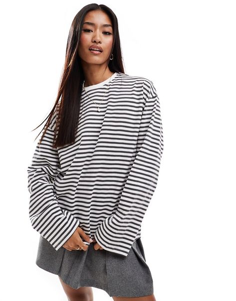 Tops by Pieces *Saves to inspo folder* Stripe design Crew neck Long sleeves Relaxed fit Stripes Long Sleeve Outfit, Striped Long Sleeve Outfit, Long Sleeve Outfits, Future Style, Leggings Sale, Maxi Dress Trend, Swimwear Sale, T Shirt Vest, Hoodies For Sale