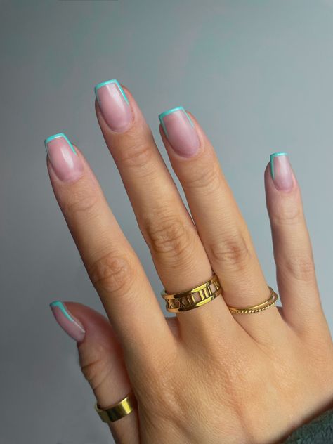 Turquoise French Tip, Turquoise French Tip Nails, Nails With Turquoise, French Tip Outline, Nail Inspiration, French Tip Nails, Nude Nails, French Nails, How To Do Nails