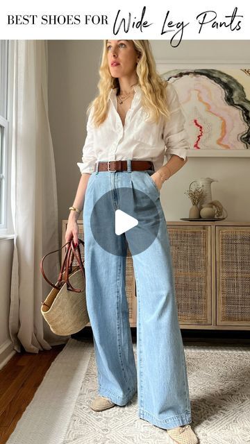 Liz Teich on Instagram: "The best shoes for wide leg pants 👠👡 🥿   👉🏻Comment WIDE LEG to get a 🔗 sent to you with this outfit + my wedge sandals, heels and flats👈🏻  A client asked me the other day why they never felt “cool” in wide leg pants and I pointed out that it wasn’t them—it was the way they styled them.   Her shoes were too tall so we switched to a lower shoe and 💥 it was like a new pant and without tailoring.   Here are tips for wide leg pants:   👖 rule of thumb: go as long as possible without touching the ground with your pants  👖hem your pants to the shoes you’ll wear most with them and bring them with you to the tailor (ie work/going out with heels and weekend/casual with flats)  👖when you go to the tailor for jeans, ask to keep the original hem so it keeps the integ Wide Leg Denim Pants Outfit, Hem Hack, Shoes For Wide Leg Pants, Denim Pants Outfit, Original Hem, Flats Outfit, Rule Of Thumb, Wide Leg Dress Pants, Best Shoes