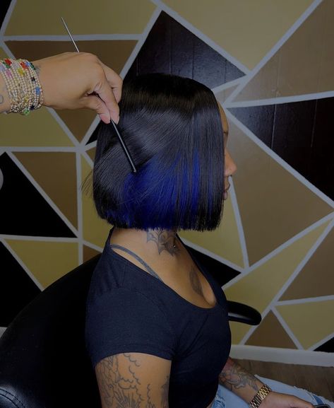 Bobs With Peekaboo Color, Blue Highlights Black Women, Hair Peak A Boo, Blue Bob Black Women, Blue Hair Peekaboo, Bob With Blue Highlights, Peak A Boo Hairstyles, Color Underneath Hair, Peekaboo Bob