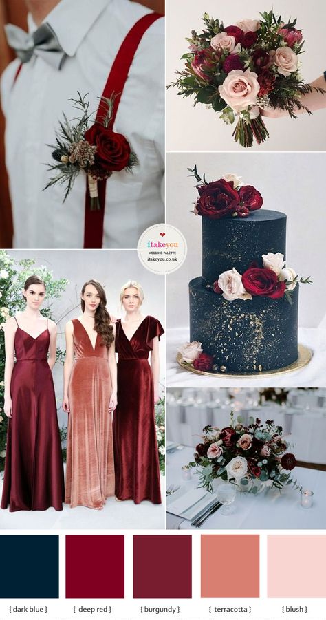 Autumn Wedding in Burgundy, Deep Red, Navy and Terracotta with Blush Accents 1 - I Take You | Wedding Readings | Wedding Ideas | Wedding Dresses | Wedding Theme Wedding Colour 2023, Wedding Dress With Burgundy Accents, Navy Blue Red And Blush Wedding, Burgundy Blush Terracotta Wedding, Autumnal Wedding Colours, Terracotta Burgundy And Navy Wedding, Dark Blue Color Palette Wedding, Autumn Burgundy Wedding, Red And Terracotta Wedding