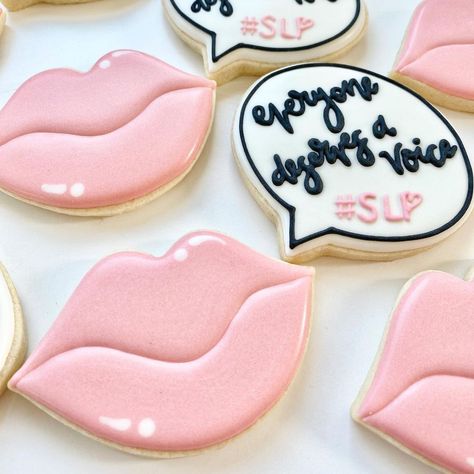 Jenny Carroll on Instagram: “Everyone deserves a voice. #slp #speechlanguagepathologist #speech #speechcookies #slpcookies #lips #lipcookies #mouth #mouthcookies…” Speech Therapy Cookies Decorated, Speech Pathology Graduation Party, Slp Masters Graduation Pictures, Slp Party Ideas, Slp Cookies, Slp Graduation Party, Speech Pathology Aesthetic, Grad Treats, Slp Aesthetic