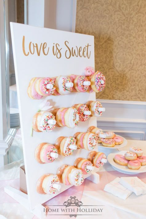 Blush Pink and Gold Bridesmaids Luncheon Donut Wall - Home with Holliday Bridesmaids Luncheon, Blush Pink Baby Shower, Rose Gold Bridal Shower, Bridal Shower Decorations Diy, Bridesmaid Luncheon, Pink Birthday Party, Arch Decoration Wedding, Gold Bridesmaids, Rose Gold Party