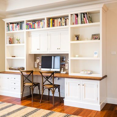 get rid of big desk, go slim and along wall. Allows for a bed Home Office Traditional, Desk Wall Unit, Home Office Shelves, Traditional Home Office, Office Design Inspiration, Desk Inspiration, Study Nook, Setup Ideas, Built In Bookcase