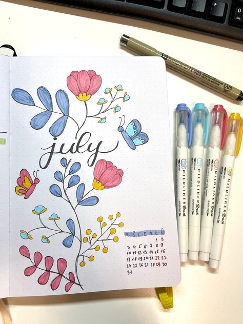 Bullet Journal July Cover, July Bullet Journal Ideas, July Bullet Journal Cover, Ide Journal, July Bujo, Project Border, To Do Lists Aesthetic, July Bullet Journal, Calligraphy Business