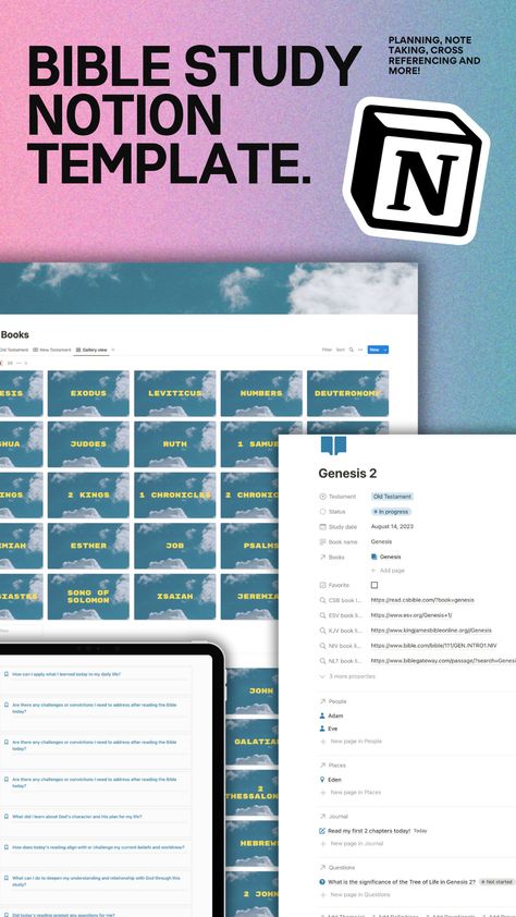 "Faith Meets Technology - Interactive Bible Journal on Notion 🌟📚 | Digital Devotion Notion Bible Study, Prayer Tracker, Digital Bible Study, Bible Study Template, Meal Prep Planner, Notion Planner, Study Notebook, Faith Journey, Bible Study Tips