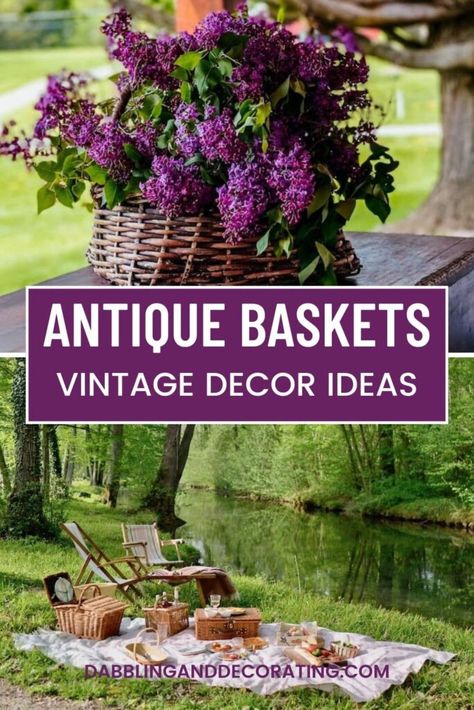 Antique Baskets Vintage Decor Ideas Basket Display Ideas Decor, Decorating With Picnic Baskets, Vintage Gift Baskets, Picnic Basket Decor Display, How To Display Baskets, Longaberger Baskets Repurposing, Vintage Picnic Basket Decor, How To Decorate With Baskets, Picnic Basket Decor