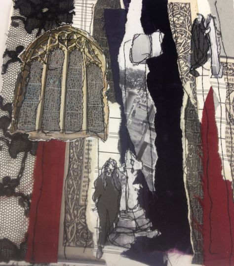 Laura Lothian: textiles, collage, stitch, applique, mixed media, gothic lace, inks. ALevel Textiles Textiles Inspired By Architecture, Gothic Sketchbook Ideas, Gothic Mixed Media Art, Gothic Sketchbook, Textiles Collage, Textiles Architecture, Architecture Textiles, Gothic Collage, Textile Architecture