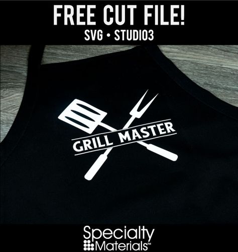 Got a grill master in your family? Use our free cut file and a little ThermoFlex Plus and you got yourself a fun, custom grilling apron!  Check the link to download this file for FREE- get it in either SVG or Studio3!  #freesvg #freestudio3 #thermoflex #htv #heattransfervinyl Grill Master Apron, Bbq Svg Files Free, Grill Svg Free, Grill Master Svg Free, Apron Svg Free, Cricut Apron Ideas, Funny Aprons For Men, Heat Press Projects, Homemade Christmas Presents