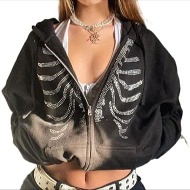 Women's Y2k Zip Up Hoodie Rhinestone Skeleton Hooded Pullover Sweatshirt Graphic Aesthetic E-Girl 90s Streetwear Jacket Rhinestone Skeleton, Punk Hoodie, Womens Oversized Sweatshirts, Y2k Rhinestone, Streetwear Coat, Harajuku Sweatshirt, Summer Goth, Streetwear Girl, Gothic Clothes