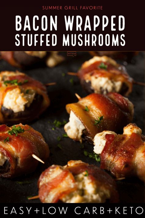 Party Appetizers For A Crowd, Bacon Wrapped Mushrooms, Keto Stuffed Mushrooms, Mushroom Appetizer, Bacon Wrapped Appetizers, Keto Mushrooms, Stuffed Mushrooms Easy, Mushroom Appetizers, Keto Thanksgiving