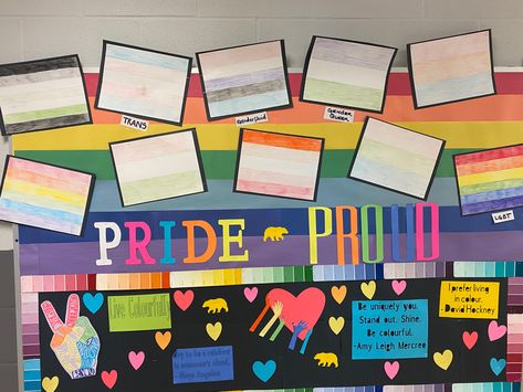 Pride bulletin board Lgbtq Bulletin Board Ideas, Pride Bulletin Board Ideas, Pride Bulletin Board, Pride Month Bulletin Board, October Bulletin Board Ideas, October Bulletin Board, April Bulletin Boards, School Activity Ideas, October Bulletin Boards