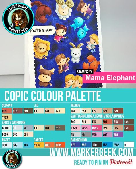 Copic Combos, Cosmic Stars, Marker Ideas, Copic Tutorials, Aries And Capricorn, Mama Elephant Stamps, Alcohol Ink Markers, Copic Ciao, Gemini And Aquarius