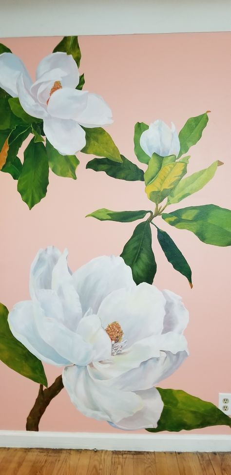 Magnolia Baby Nursery, Magnolia Nursery Theme, Magnolia Tree Art, Tree Wall Painting Ideas, Magnolia Mural, Tree Wall Painting, Wall Murals Diy, Flower Mural, Magnolia Tree