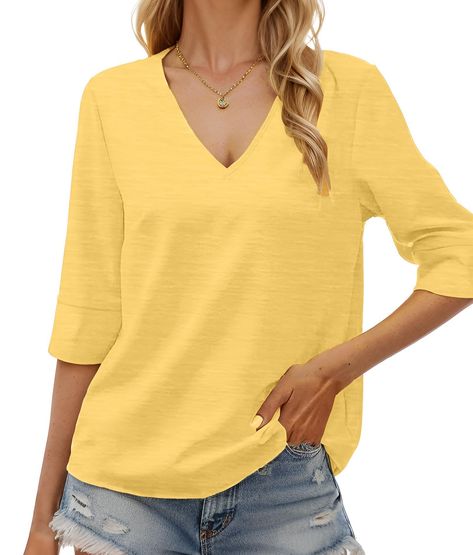 PRICES MAY VARY. Material: Composed of 76.06% polyester, 19.02% rayon, 4.91% spandex, this v neck tops for women is lightweight and comfortable. Its high-grade fabric provides a soft and stretchy feel for ultimate comfort. Features: The womens tops casual boasts a half sleeve design, a flattering V-neck, and relaxed fit. Its unique stripe pattern seamlessly blends with the overall design, adding a distinctive touch to your look. Occasion: This 3/4 sleeve tops for women is a wardrobe essential! I Womens V Neck Tops, Women Business Casual, T Shirts Cute, Gauze Shirt, Half Sleeve Tops, Women Business, Womens Business Casual, Tops Casual, Petite Tops