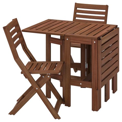 ÄPPLARÖ Table and 2 folding chairs, outdoor, brown stained. Order here! - IKEA Wooden Outdoor Furniture, Chairs Outdoor, Wood Supply, Outdoor Folding Chairs, Mesa Exterior, Folding Chairs, Table Extensible, Small Outdoor Spaces, Ikea Family