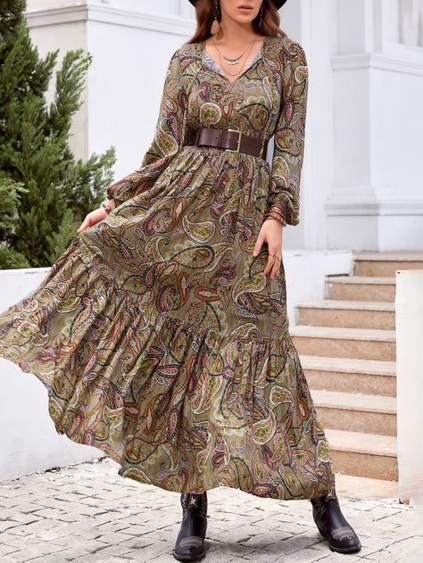 Flowy Maxi Dress, Ethnic Dress, Vintage Maxi Dress, Vestidos Vintage, Ruffle Hem Dress, Necklines For Dresses, Neck Ruffle, Long Sleeve Maxi, Types Of Dresses