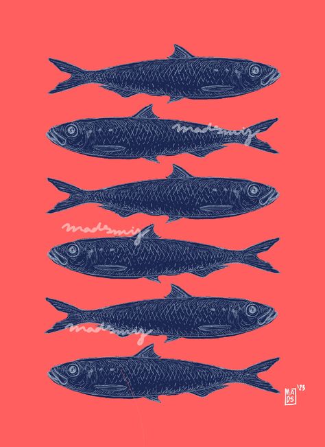 swimming sardines, 5x7 art print! Sardines Illustration, Little Tattoos, S Tattoo, Fresh Design, Fashion Poster, Room Posters, Red Background, Transfer Paper, Sea Creatures