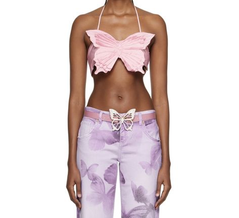 Bottoms Inspiration, Blumarine Butterfly, Pink Butterfly Top, Fairy Concept, Butterfly Pants, Butterfly Clothes, Butterfly Fashion, Pink 3d, Runway Outfits