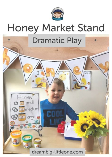 Honey Market Stand for preschoolers Bee Keeper Dramatic Play Preschool, Store Dramatic Play, Honey Store, Dramatic Play Center, Dramatic Play Printables, Insect Unit, Bugs Preschool, Bee Activities, Play For Kids