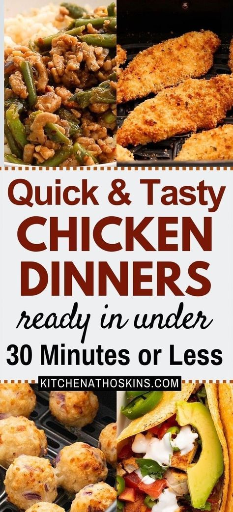 Discover easy 30 minute chicken recipes for dinner that are quick, healthy, breaded or Chinese stir fry recipes. You will find curries, chicken burgers, meatballs and also crispy tenders for kids meal for an easy weeknight dinner solution. Get the best 30 minute chicken dinner recipes at kitchenathoskins.com. Lite Chicken Dinner Recipes, Chinese Stir Fry Recipes, 30 Minute Chicken Recipes, Easy Dinner Ideas Chicken, Summer Dishes Recipes, Quick Chicken Dishes, Crispy Tenders, 30 Minute Meals Chicken, Baked Chicken Cutlets