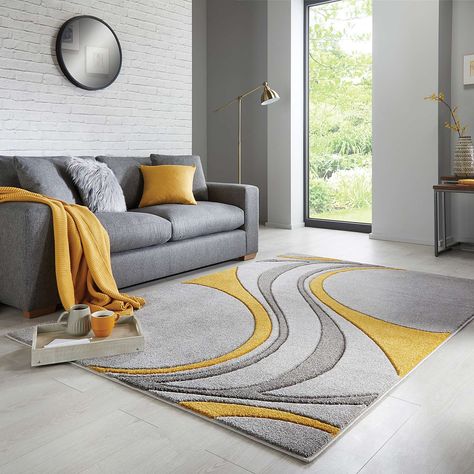 Ochre Mirage Rug | Dunelm Mustard Living Rooms, Grey And Yellow Living Room, تصميم داخلي فاخر, Living Room Decor Gray, The Mirage, Yellow Living Room, Room Color Schemes, Elegant Furniture, Living Room Grey