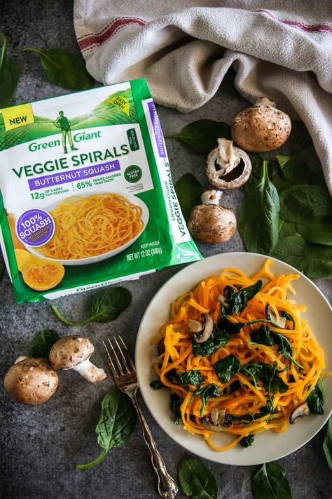 Butternut Squash Spirals, Squash Noodles Recipes, Freezing Squash, Spiralized Butternut Squash, Easy Family Dinner Recipes, Pasta Calories, Butternut Squash Noodle, Spinach And Mushrooms, Frozen Butternut Squash