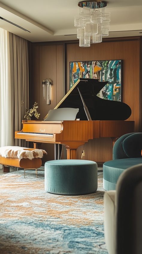 Create a harmonious retreat with a Libra-inspired music room 🎶⚖️. Balanced instrument arrangement ensures aesthetic flow 🎸🎻, while acoustic panels enhance sound quality 🎵. Relax in comfortable seating 🛋️ and be inspired by stunning artwork 🎨. Perfect for nurturing creativity and tranquility! 🌟 Baby Grand Piano In Living Room, Music Room Layout, Music Room With Piano, Music Room Interior Design, Grand Piano Living Room, Music Studio Aesthetic, Music Room Ideas, Piano Living Rooms, Piano Lounge