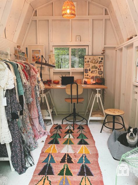 Shed And Office Combo, Greenhouse Office Shed, She Shed Closet Ideas, She Shed Boutique, Boho She Shed Interior, Shed To Office, Shed Home Office Ideas, Boho Craft Room, Shed Closet