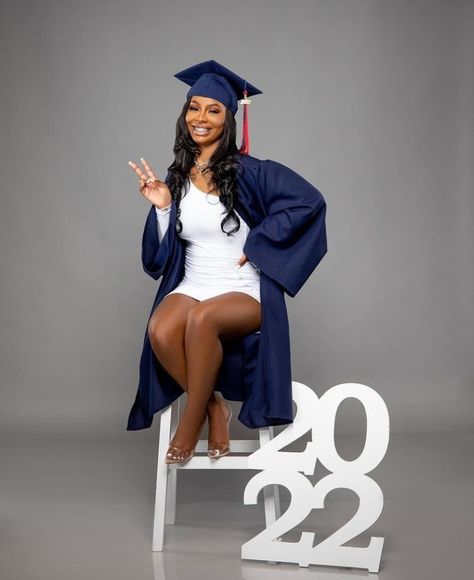 Cap And Gown Black Women, Royal Blue Cap And Gown Graduation, Navy Blue Graduation Gown And Cap, Cap And Gown Senior Pictures Black Women, Graduation Headshots Cap And Gown, Blue Graduation Gown And Cap, Grad Poses Photo Shoots Black Women, Blue Cap And Gown, Blue Graduation Gown