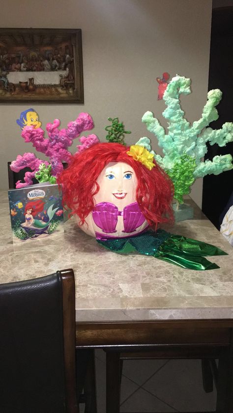 Mermaid Pumpkin Decorating, Pumpkin Mermaid, Little Mermaid Pumpkin Painting Ideas, Little Mermaid Pumpkin, Ariel Pumpkin, Mermaid Pumpkin, Mermaid Painted Pumpkin, Decorate Pumpkin Book Character, Pumpkin Decoration Book Character