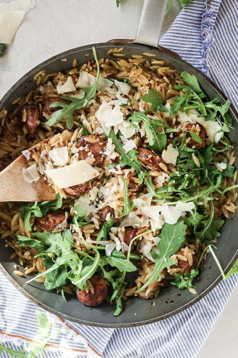 5 Ingredient Chicken Sausage and Orzo Skillet Sausage And Orzo, Orzo Skillet, Chicken Sausage Recipes, 5 Ingredient Dinners, 5 Ingredients Or Less, 5 Ingredient Recipes, Chicken Sausage, 5 Ingredient, Sausage Recipes