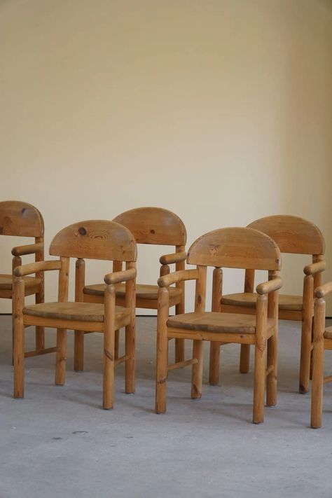 Rainer Daumiller, Set of 8 Dining Chairs in Solid Pine, Danish Modern, 1970s For Sale at 1stDibs Pine Dining Table, Danish Modern Furniture, Pine Furniture, Wood Dining Chairs, Chair Types, Vintage Wall Decor, House Interior Decor, Wood Chair, Interior Furniture