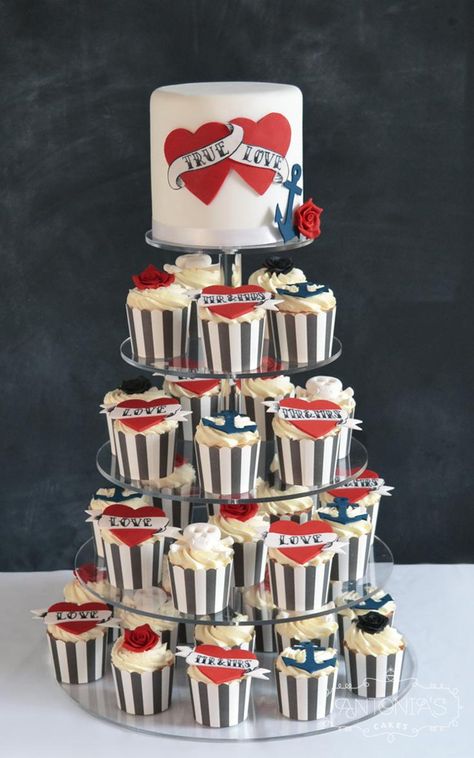 Rockabilly Wedding Cake, 1950 Wedding Theme, Wedding Cake Cupcakes, Cupcake Tower Cake, Wedding Cake Favors, Alternative Wedding Cakes, Tattoo Wedding, Wedding Cake Images, Cake Favors