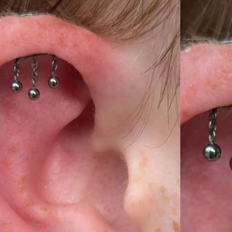 Kim Hutchinson on Instagram: "Hidden Helix Piercings are suuuper popular at the moment! You need a pronounced helix fold for these to work, and so fall into the 'anatomy dependent piercings' category. This beauty was done by me with a plain barbell (nothing dangly is recommended for fresh piercings!) a while ago, and it was time for the 'goal jewellery'! We kept the classic look of beaded attachments going with this gorgeous piece form @ticouturejewellery 😻 

#hiddenhelix #hiddenhelixpiercing #piercingchain" Upper Helix Piercing, Hidden Helix Piercing, Helix Piercings, Helix Piercing, Helix, Classic Looks, Anatomy, To Work, Piercings