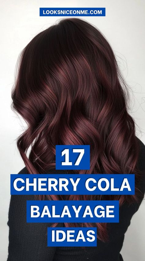 Add a pop of color with cherry cola balayage! This gorgeous mix of deep cherry and cola brown shades is perfect for creating a rich, multidimensional effect that’s both edgy and elegant. Ideal for brunettes looking to refresh their look! #BalayageForBrunettes #CherryColaHair Brownish Red Balayage, Cherry Dr Pepper Hair Color, Dark Brown Hair With Mahogany Balayage, Cherry Cola Brunette, Cherry Chocolate Balayage Hair, Cherry Chocolate Hair Color Brunettes, Deep Red Balayage Hair, Cherry Cola Brown Hair, Dark Brown To Red Ombre