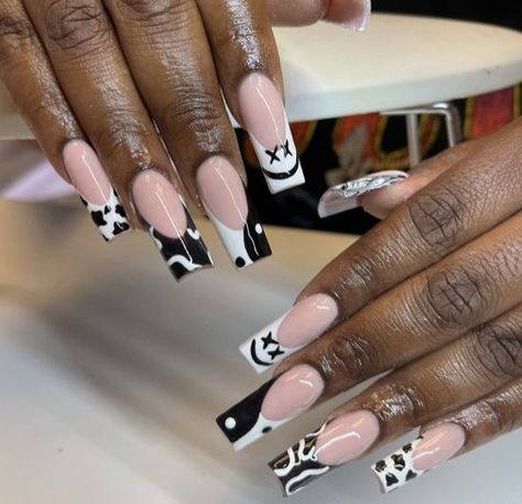 White Cow Print Nails, Cowprint Nail Design, Cow Print Nails, White Cow Print, Cow Nails, Colored Acrylic, Colored Acrylic Nails, Print Nails, White Cow