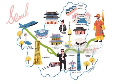 Seoul infographic Vintage Children Illustrations, Seoul Illustration, Seoul Map, Watercolor Whimsical, Flask Design, Stylish Leather Bags, Living In Dubai, Map Illustration, Awareness Campaign