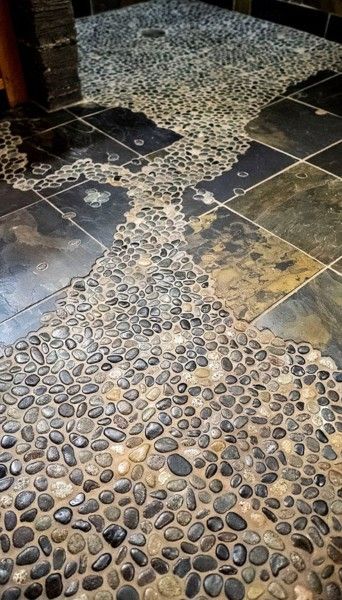 Rock Shower Floor Ideas, River Rock Bathroom Floor, Rock Bathroom Floor, River Rock Bathroom, Rock Bathroom, River Rock Tile, Bg House, Oasis Bathroom, River Rock Floor