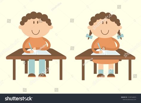 Children sit at their desks and write in a notebook. Vector illustration. #Ad , #Ad, #desks#sit#Children#write Sit Properly Clipart, Chart Ideas, Style Character, Classroom Setting, A Notebook, Kids Clipart, Simple Girl, Kids Writing, Writing Desk