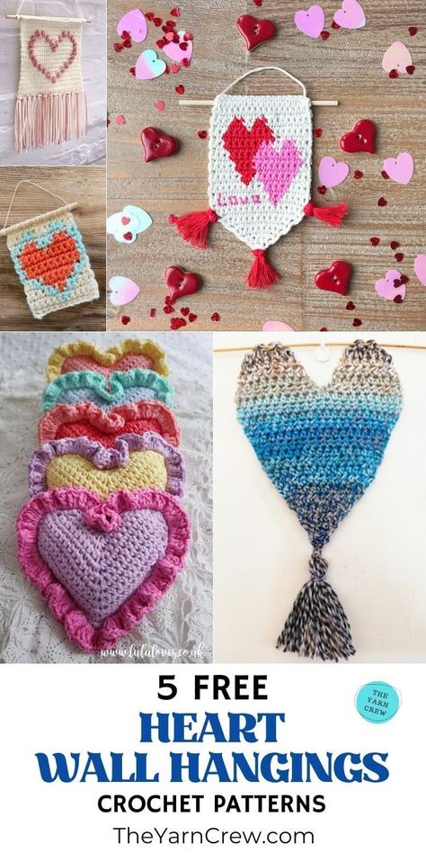 5 Free Crochet Heart Wall Hanging Patterns For Valentine's Day. Crochet Heart Wall Hanging Patterns curated by The Yarn Crew. Crochet Heart Wall Hanging, Crochet Heart Wall Hanging Pattern, Red Heart Yarn Free Patterns Crochet, Red Heart Ombre Yarn Crochet Patterns, Crochet Large Heart Applique Free Pattern, Valentine Crochet Patterns Free Heart Garland, Heart Banner, Yarn Bee, Book Pins