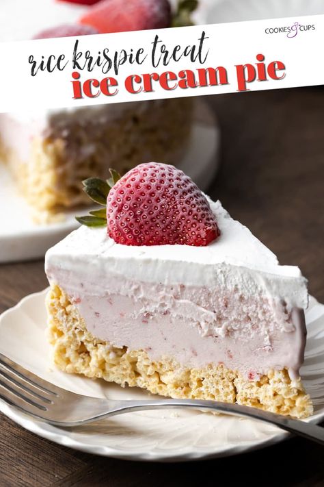 Krispie Treat Ice Cream Pie is a fun spin on strawberry ice cream cake, made with a Rice Krispie treat crust for delicious crunch! The perfect no bake summer dessert! Ice Cream Cake Graham Cracker Crust, Ice Cream Pie With Rice Krispie Crust, Ice Cream Pie Recipes Easy, Gluten Free Ice Cream Desserts, Ice Cream Pie Recipes, Gluten Free Ice Cream Cake, Cream Pie Cookies, Easy Cream Pie, Ice Cream Dessert Recipe